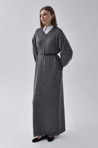 V-Neck Knit Dress Anthracite - 6