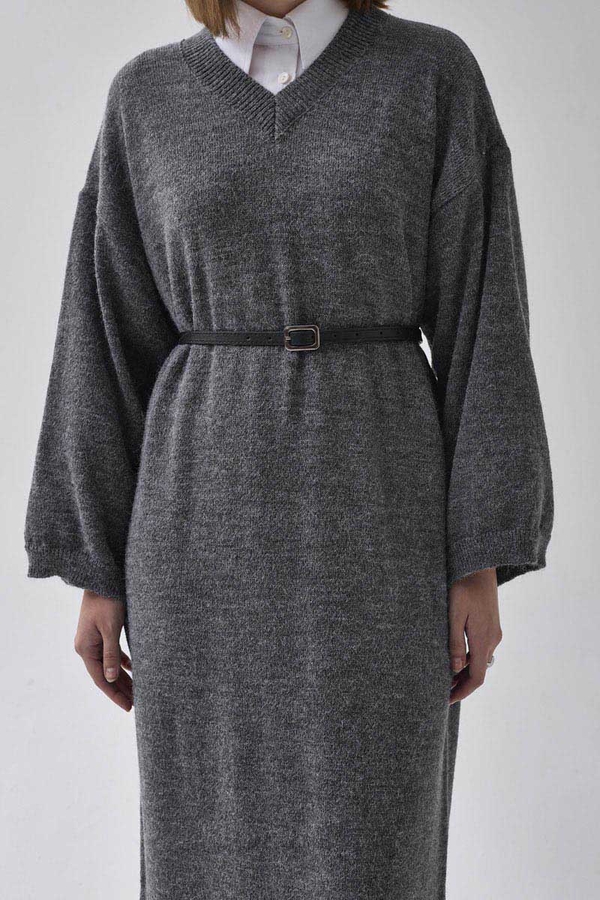 V-Neck Knit Dress Anthracite - 7