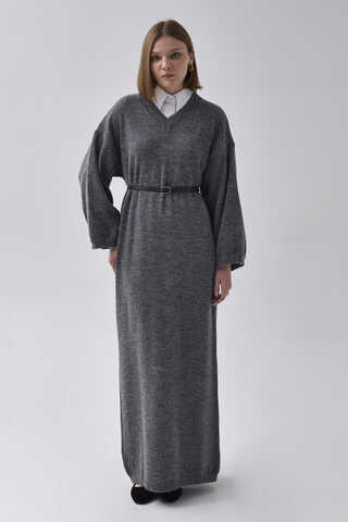 V-Neck Knit Dress Anthracite - 8