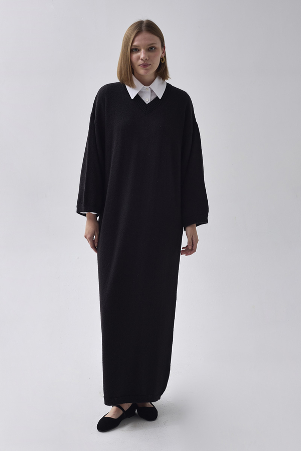 V-Neck Knit Dress Black - 1
