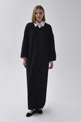 V-Neck Knit Dress Black - 1