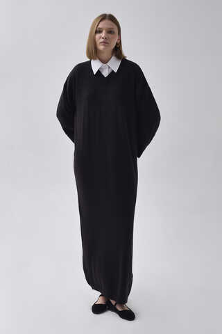 V-Neck Knit Dress Black - 2