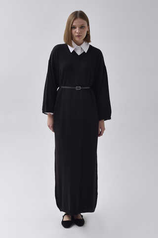 V-Neck Knit Dress Black - 3
