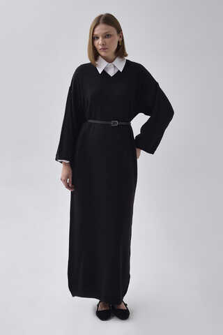 V-Neck Knit Dress Black - 4