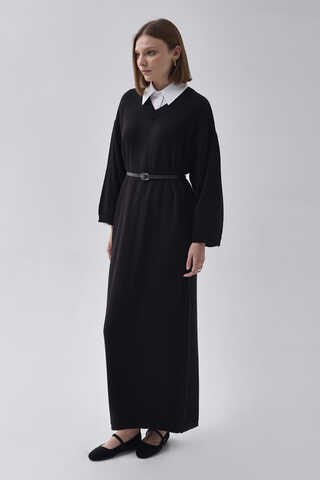 V-Neck Knit Dress Black - 5