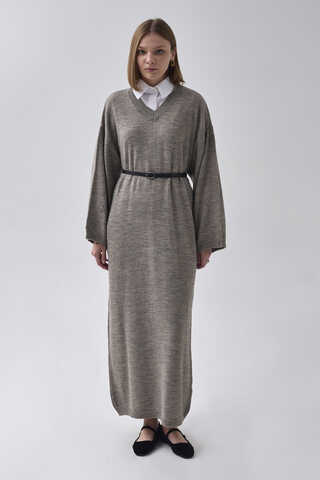V-Neck Knit Dress Earth Tone - 1