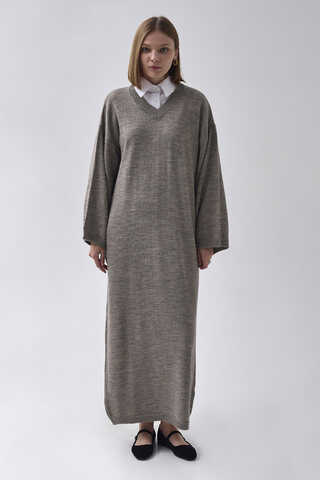 V-Neck Knit Dress Earth Tone - 3