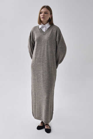 V-Neck Knit Dress Earth Tone - 5