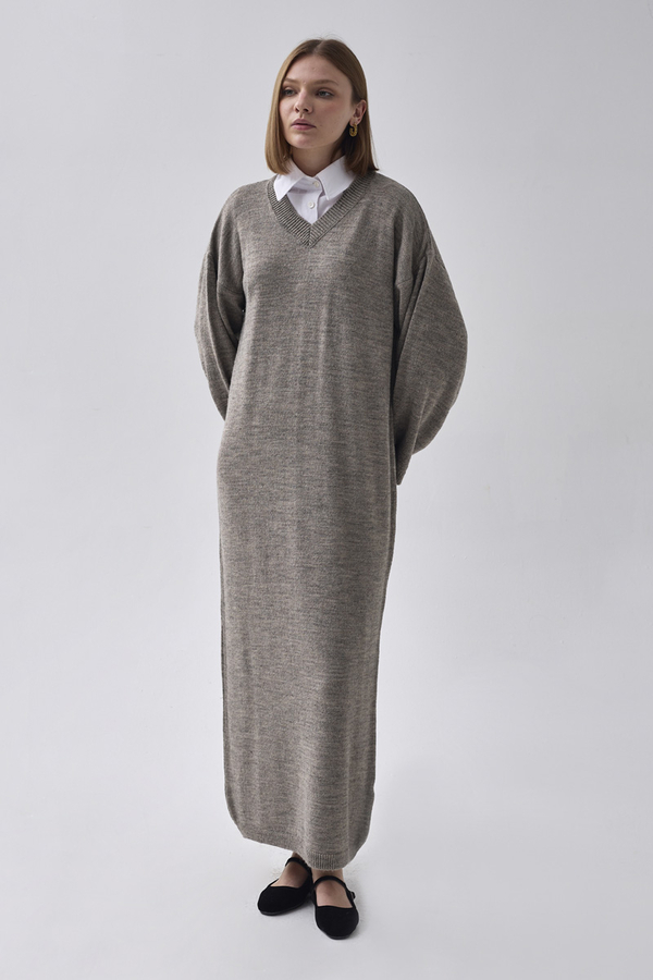 V-Neck Knit Dress Earth Tone - 5