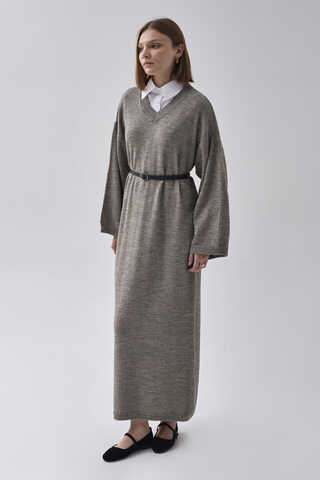 V-Neck Knit Dress Earth Tone - 6