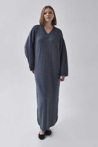 V-Neck Knit Dress Indigo - 4