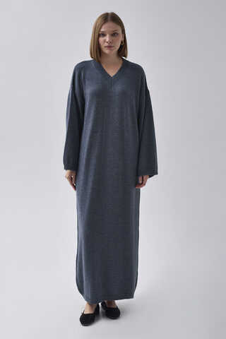 V-Neck Knit Dress Indigo - 2