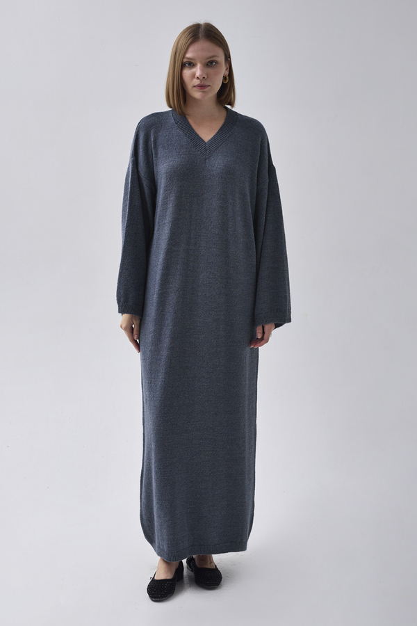 V-Neck Knit Dress Indigo - 2