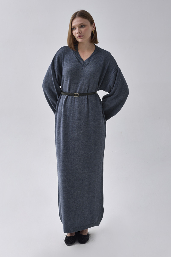 V-Neck Knit Dress Indigo - 6