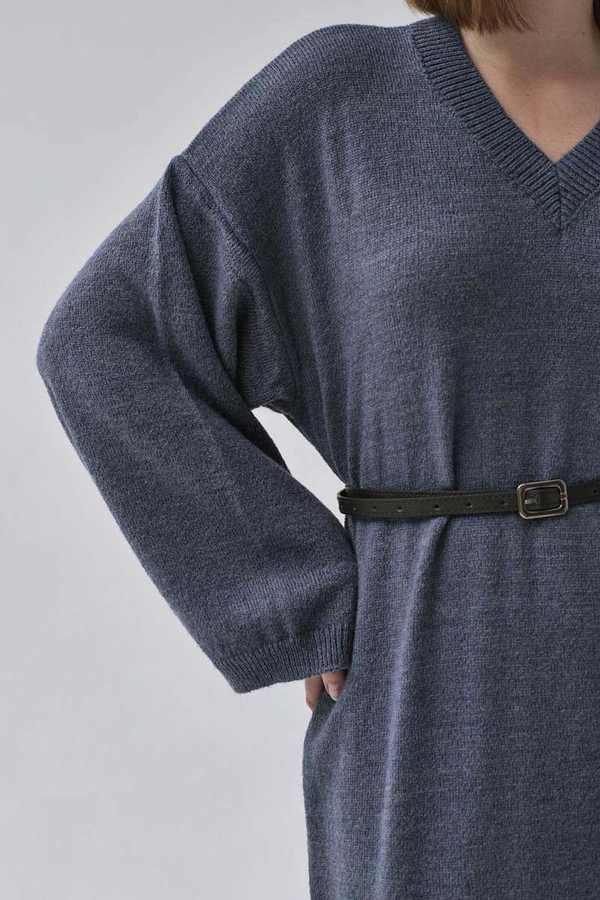 V-Neck Knit Dress Indigo - 5