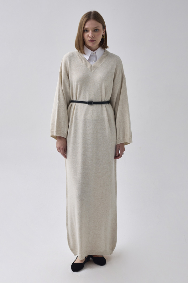 V-Neck Knit Dress Stone
