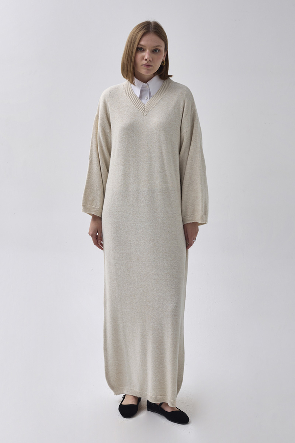 V-Neck Knit Dress Stone - 2