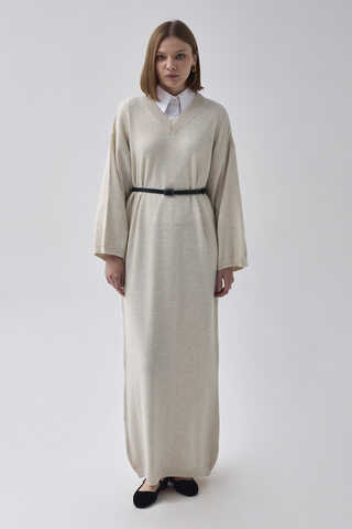 V-Neck Knit Dress Stone - 1