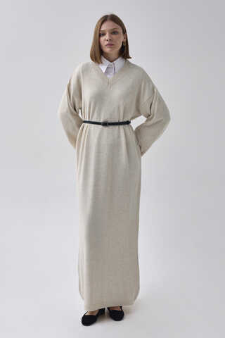 V-Neck Knit Dress Stone - 4