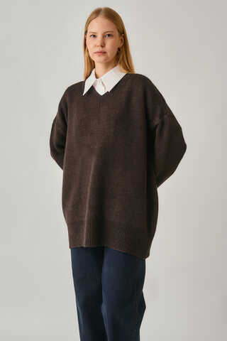 V-Neck Knit Sweater Brown - 4