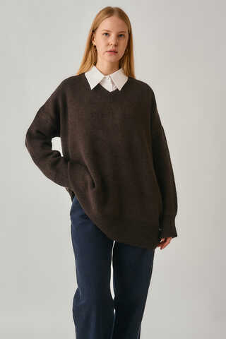 V-Neck Knit Sweater Brown - 1