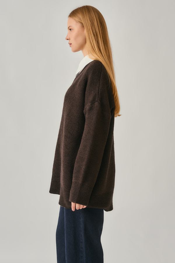 V-Neck Knit Sweater Brown - 6