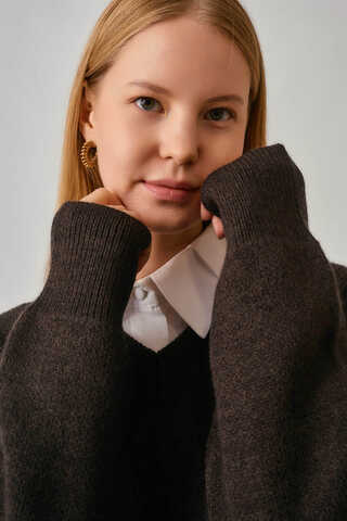 V-Neck Knit Sweater Brown - 5