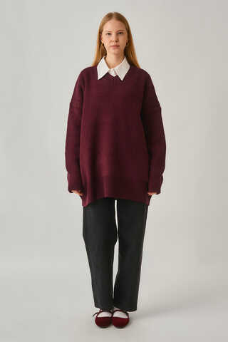 V-Neck Knit Sweater Burgundy - 1