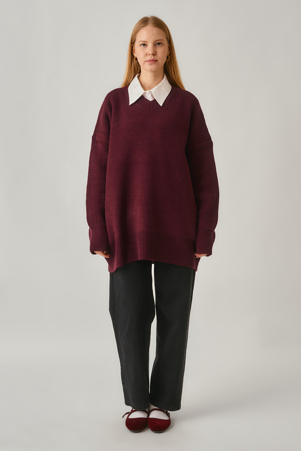 V-Neck Knit Sweater Burgundy - 1