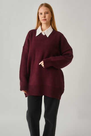V-Neck Knit Sweater Burgundy - 2