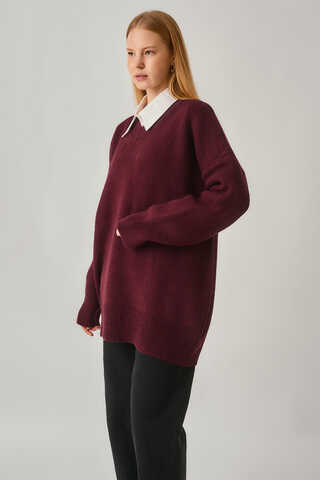 V-Neck Knit Sweater Burgundy - 3