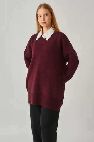 V-Neck Knit Sweater Burgundy - 4