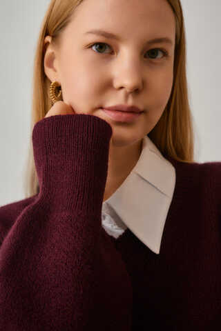 V-Neck Knit Sweater Burgundy - 7