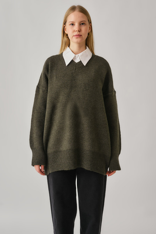 V-Neck Knit Sweater Khaki - 2