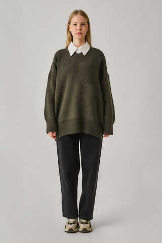 V-Neck Knit Sweater Khaki - 5