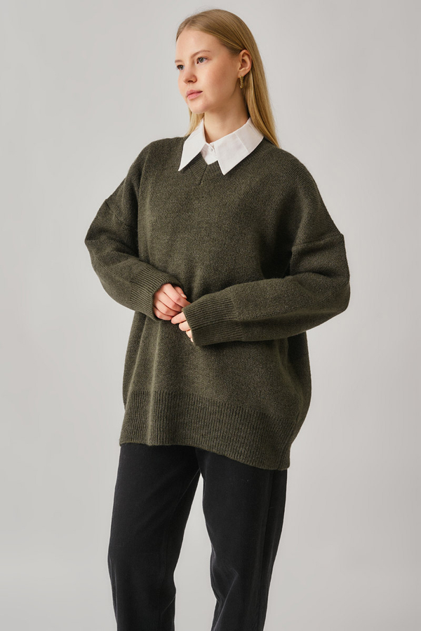 V-Neck Knit Sweater Khaki - 7