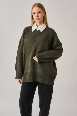 V-Neck Knit Sweater Khaki - 8