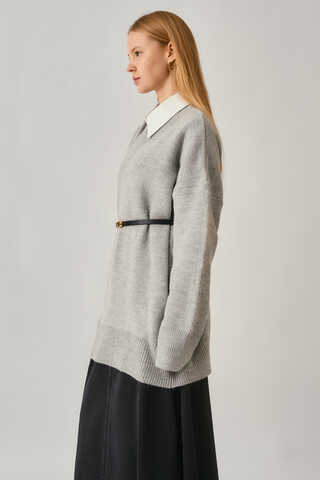 V-Neck Knit Sweater Light Grey - 3