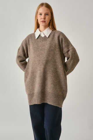 V-Neck Knit Sweater Mink - 4