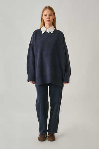 V-Neck Knit Sweater Navy - 2