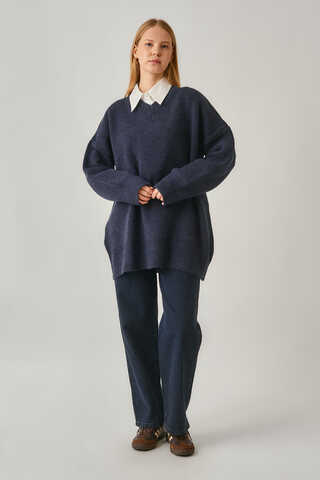 V-Neck Knit Sweater Navy - 3