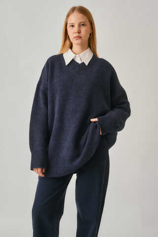 V-Neck Knit Sweater Navy - 1