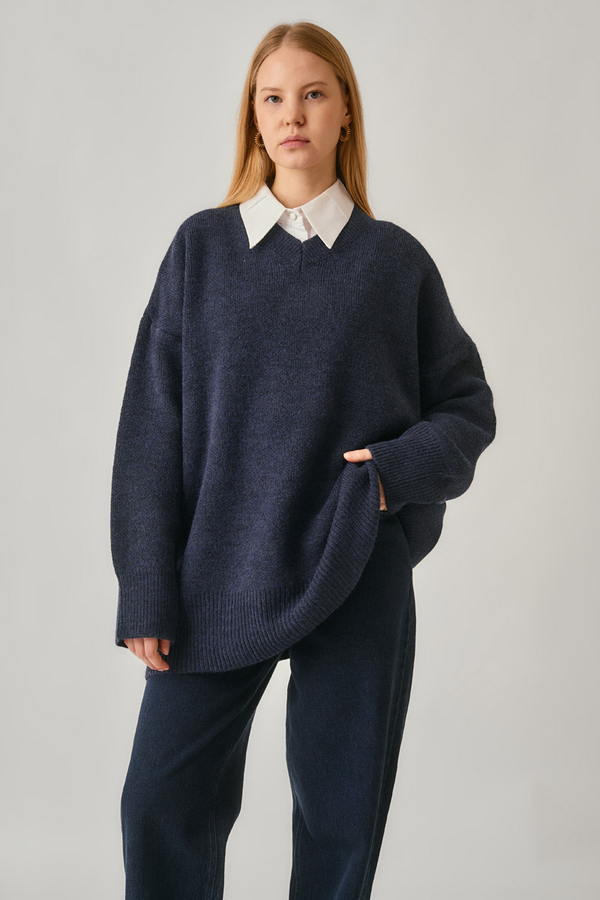 V-Neck Knit Sweater Navy - 1