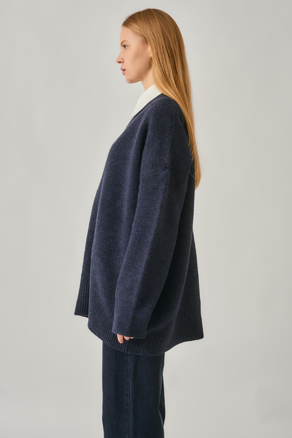V-Neck Knit Sweater Navy - 5