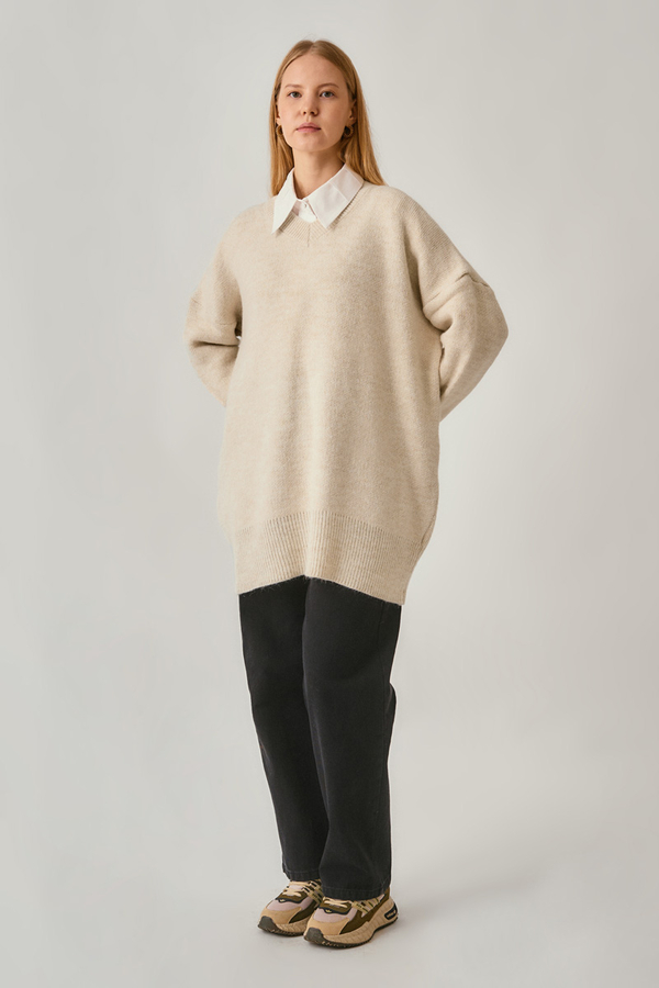 V-Neck Knit Sweater Stone - 2