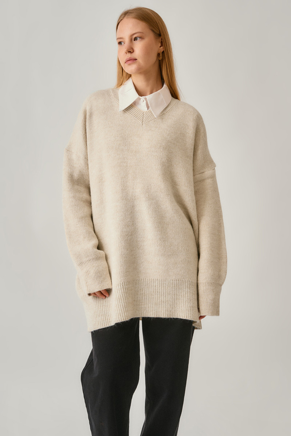 V-Neck Knit Sweater Stone - 5