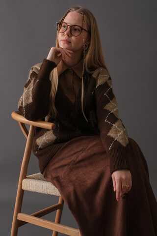 V-Neck Patterned Cardigan Brown - 3