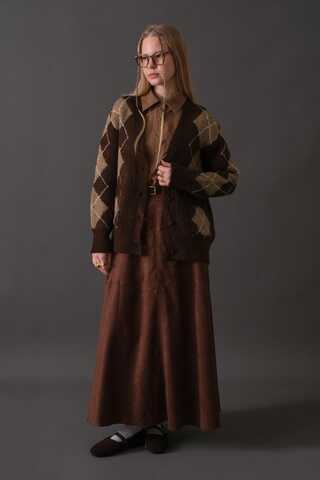 V-Neck Patterned Cardigan Brown - 6