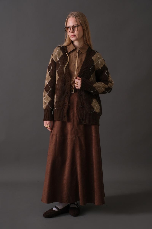 V-Neck Patterned Cardigan Brown - 6