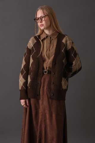 V-Neck Patterned Cardigan Brown - 7
